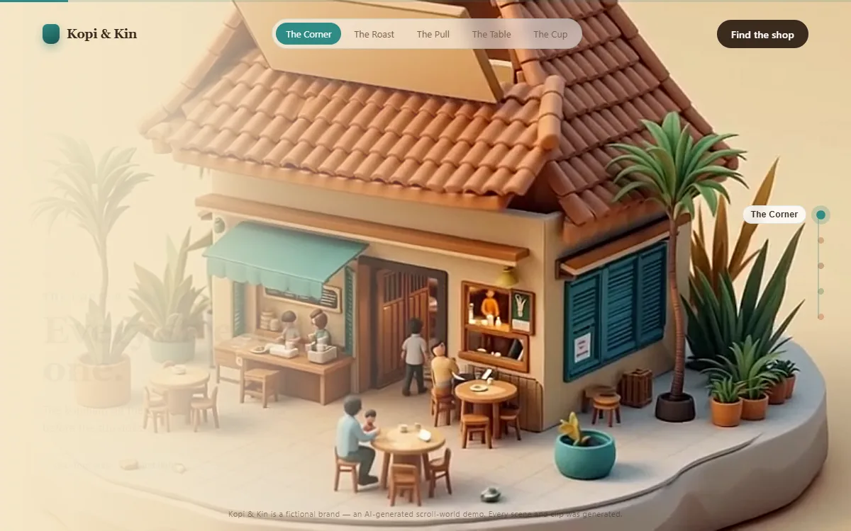 Kopi and Kin scroll-world website: fly through a miniature kopitiam world