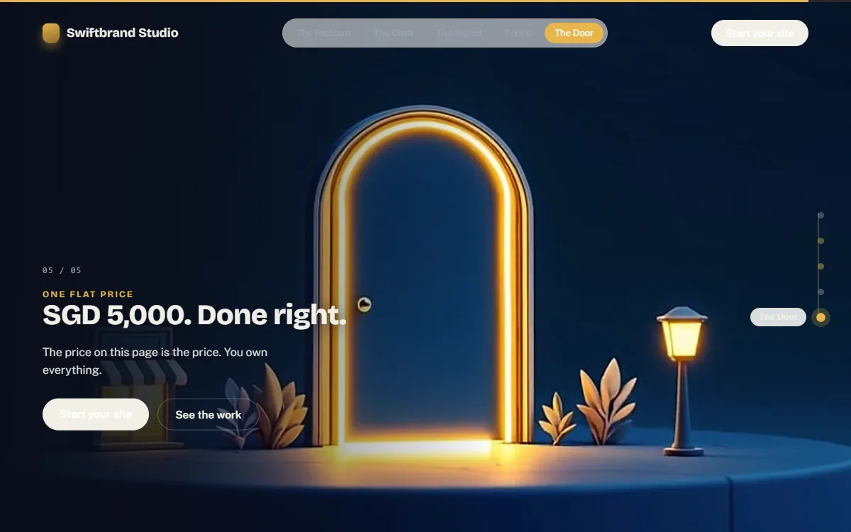 Swiftbrand Studio scroll-world website with SEO content site